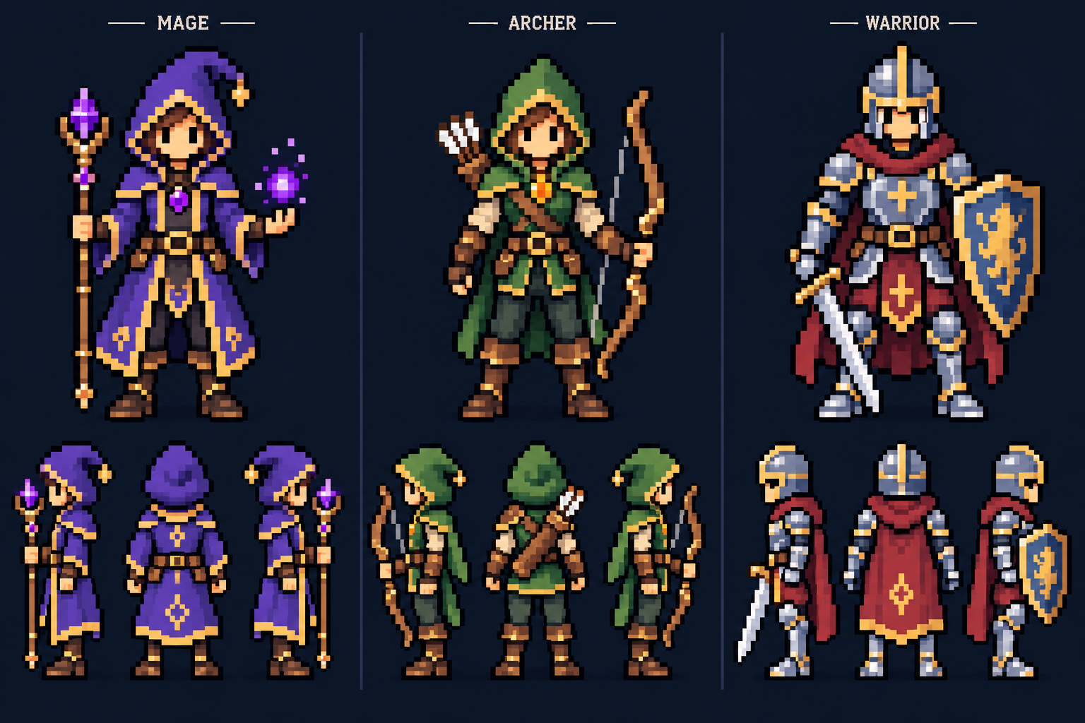 Studiu pixel art pentru Mage, Archer și Warrior, cu vederi din față, profil și spate.